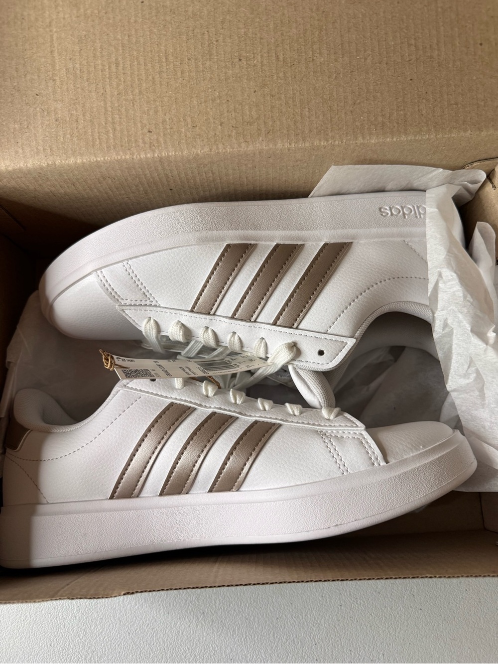 adidas Women’s White Sneakers with Metallic Beige Stripes